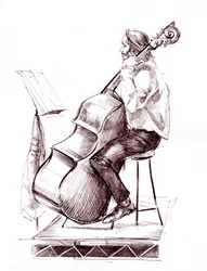 Double bassist - ink drawing of a member of the City of Birmingham Symphony Orchestra playing the double bass